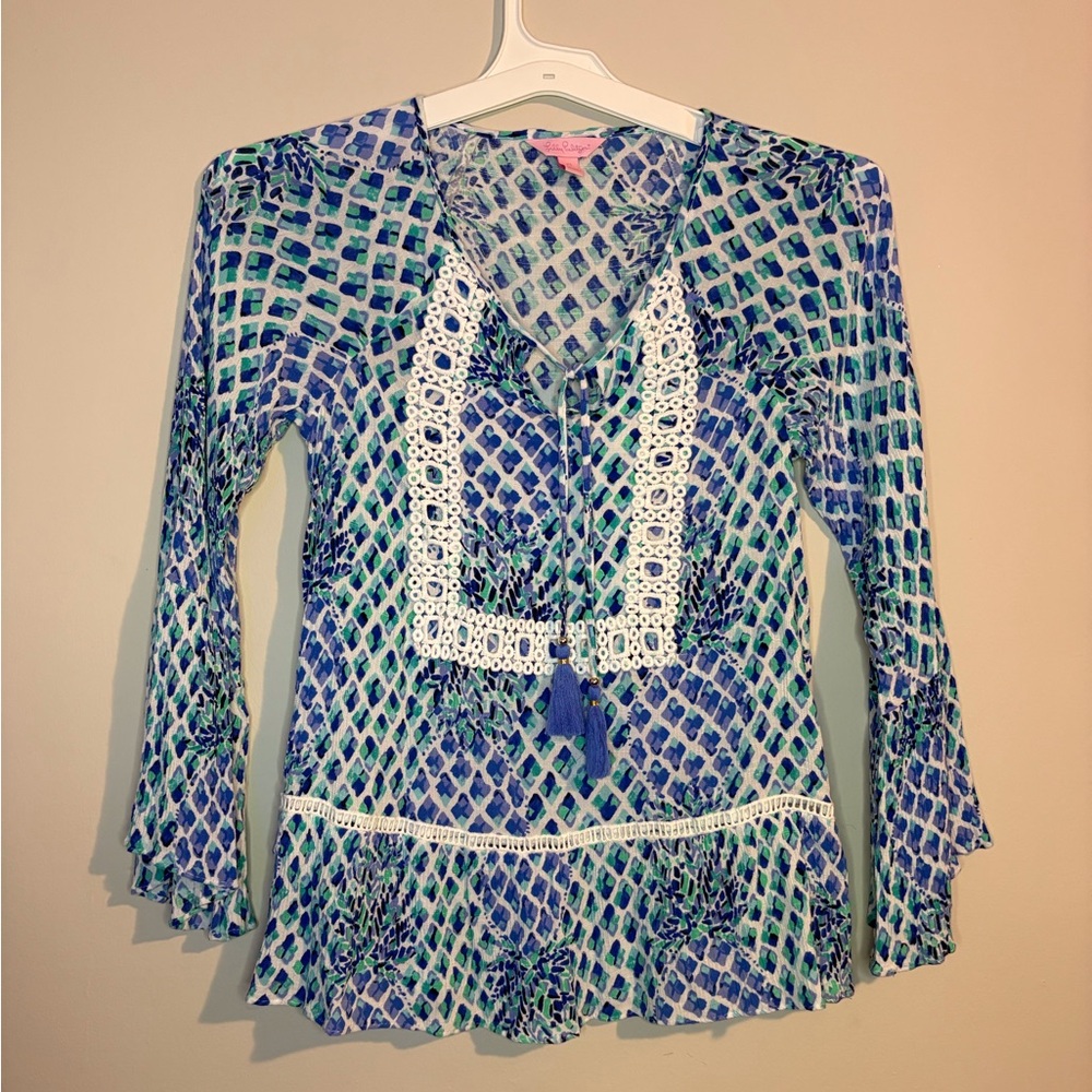 Lilly Pulitzer Blue & White Boho Peasant Bell Sleeve Blouse– Size XS